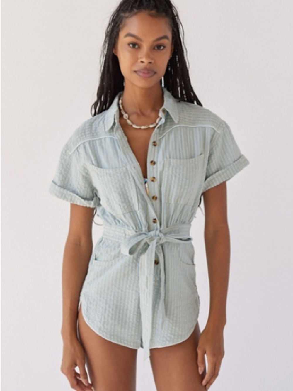 BDG Urban Outfitters Sage Green Striped Button-Up Romper